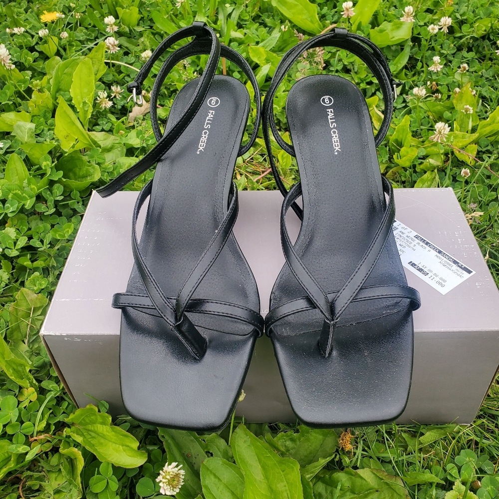 Falls Creek Black Strappy Wedge Sandals - Picture 2 of 11